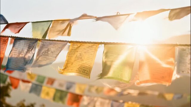 Prayer flags flutter in the wind during a golden hour sunset with sun flares filtering through