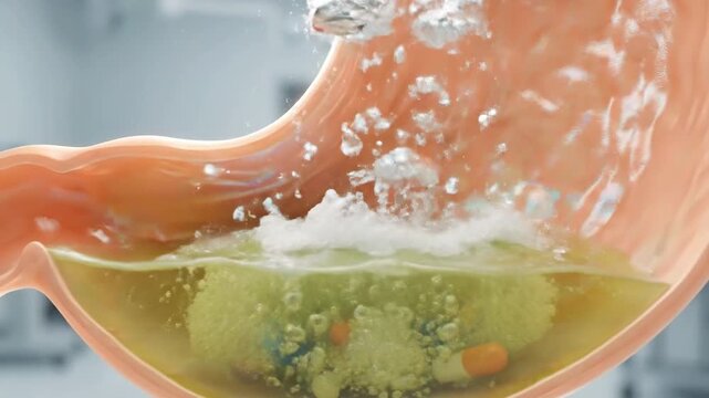 Medicinal pills dissolve in a stomach to help with digestive problems.