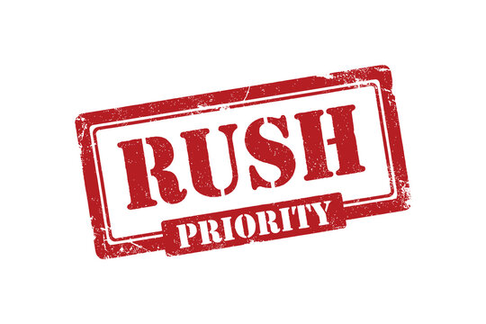 Rush priority stamp icon. Red rubber stamp with grunge texture. Urgent shipping service