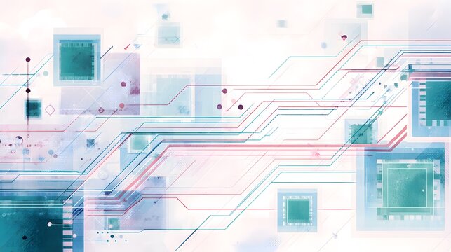 Futuristic circuit board watercolor art highlights technological innovation and serene digital pathways - Powered by Adobe