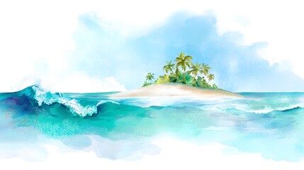 Serene tropical island watercolor illustration peaceful white sand beach turquoise ocean sunlight waves