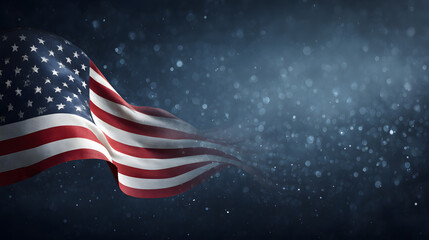 USA patriotic background with waving American flag on dark blue textured backdrop, stars and stripes flowing diagonally, elegant President’s Day theme, soft studio lighting