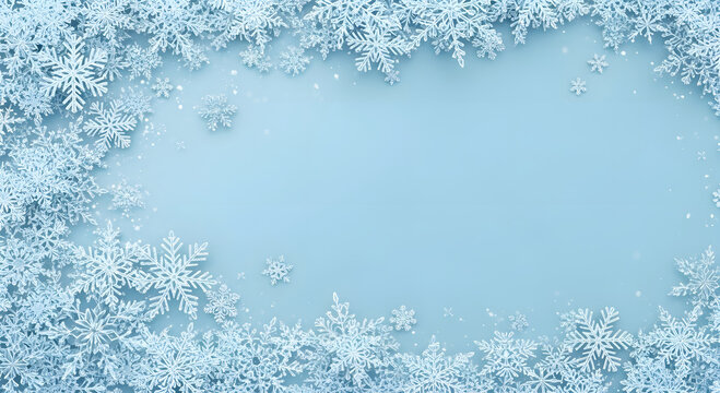 Detailed light blue christmas background with dense three dimensional border of frosty white and blue snowflakes covering edges - Powered by Adobe