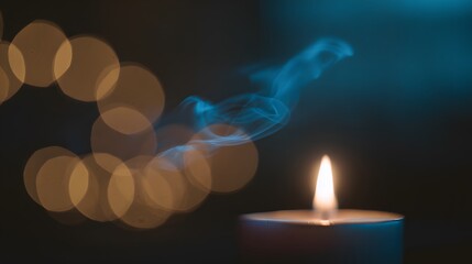 Fototapeta premium Serene candle glow illuminates peaceful blue smoke a warm atmospheric visual escape