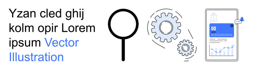 Business strategy, data analytics, teamwork, mobile technology, process improvement, problem-solving. Magnifying glass, gears and mobile graph screen . Data analytics and business strategy