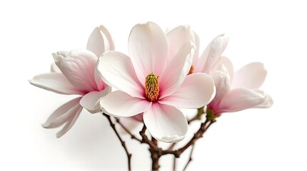 Obraz premium Magnolia Flower Blooming with Soft Pink Petals on White Background