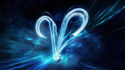 Aries symbol glowing in a cosmic backdrop, created AI