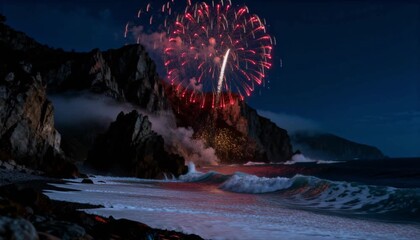 dramatic coastline cliffs lit by fireworks ocean waves highlighted night mist perfect for new year and christmas