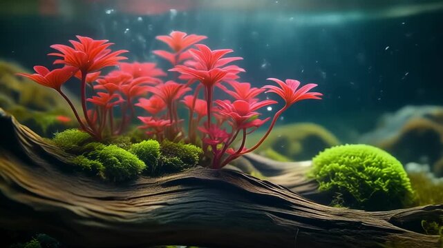 aquascape scene featuring bright red Rotala rotundifolia and neon green moss