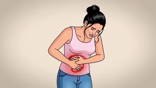 Woman Experiencing Abdominal Pain Depicted in a Series of Artistic Illustrations