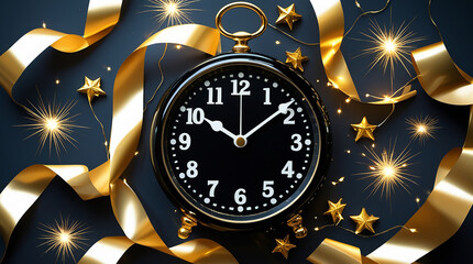 Elegant celebration with vintage clock, golden ribbons, and stars
