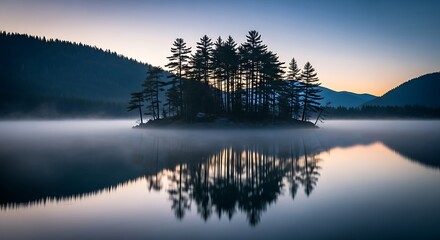 Misty morning sunrise over a tranquil lake with a tree island reflection.