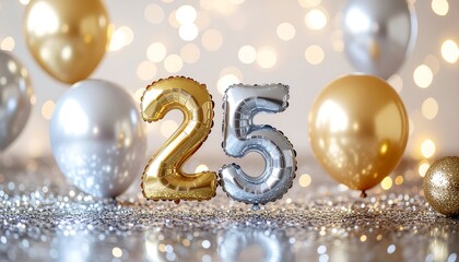 Shimmering 25th milestone celebration featuring elegant gold and silver foil balloons, sparkling glitter, and a warm, glowing bokeh light background, symbolizing achievement and joy