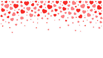 Scattered love: red and pink hearts on white background