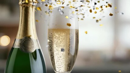 Sparkling beverage bubbles filling a tall flute glass, elegant green bottle with gold foil, festive confetti gently falling, happy new year celebration joyful moment.