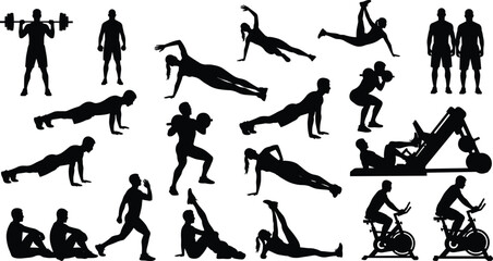 Vector Silhouette Set of People Exercising Various Sports and Workout Activities Including Weightlifting, Cardio, Bodyweight, Yoga, Gym Equipment, and Stretching for Fitness