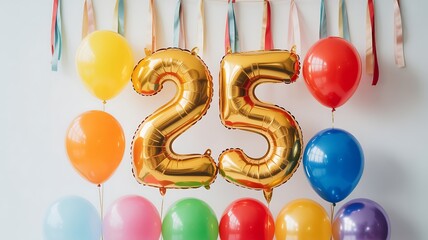 Vibrant and festive scene celebrating a 25th milestone with golden foil number balloons and an array of colorful party balloons and ribbons, perfect for birthdays or anniversaries
