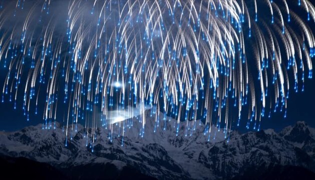 massive white blue fireworks exploding pristine dark snow capped mountain range moonlight cold color palette epic scale perfect for new year and christmas