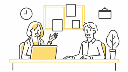 Illustration of a woman at a laptop talking to a man in an office setting with decorations around them