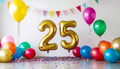 Vibrant and Festive 25th Celebration Decor with Golden Balloons, Colorful Confetti, and Bunting, Marking a Special Milestone Event
