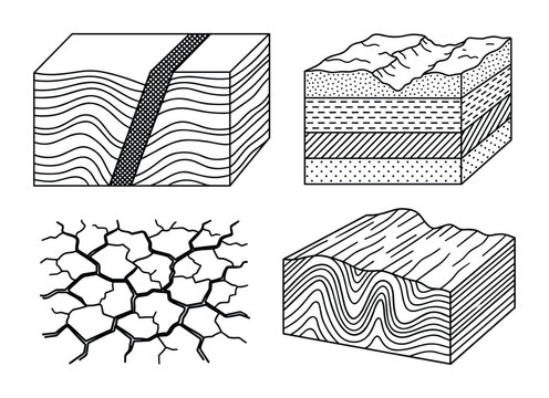 Set of geological rock formations including layers, faults, cracks, and folds black white vector