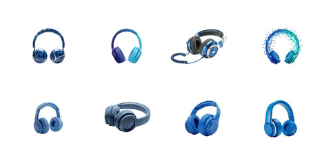 Eight multiple color headphones mockup in multiple angles digital illustration isolated on transparent background