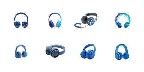 Eight multiple color headphones mockup in multiple angles digital illustration isolated on transparent background