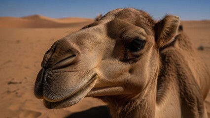 Obraz premium A close up of a camel face in the desert. Wild animal walking across sand dune. Animal portrait in natural habitat.