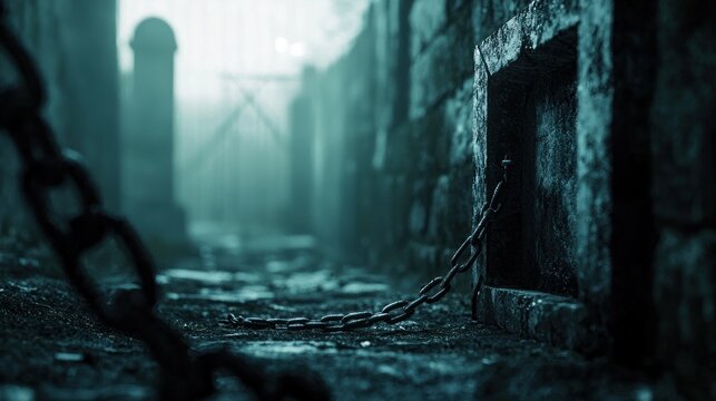 Old stone wall and chains