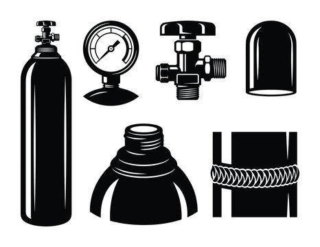 Set of industrial gas cylinder parts, pressure gauge, valve, cap, and welding process element