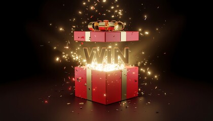 Bright red gift box dramatically opens to display a radiant 'WIN' inscription, accompanied by an exhilarating shower of sparkling golden particles, marking a grand success and incredible achievement