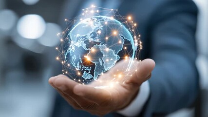 Hand holding a digital globe with network connections and glowing lights representing global technology and connectivity - Powered by Adobe