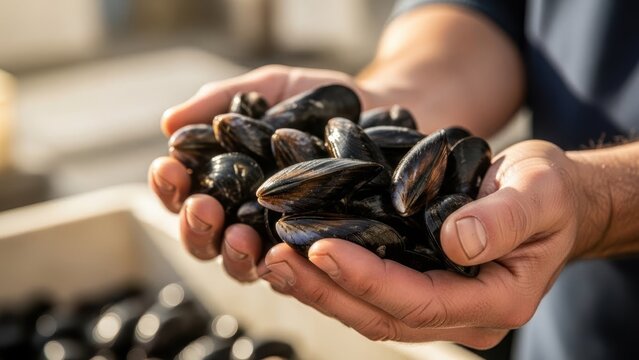Man holding fresh mussel in hand, illustrating seafood harvest and sustainable fishing practices for restaurant menu and healthy ingredient.