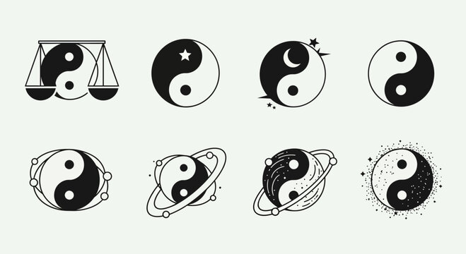 Dynamic Yin Yang symbols blend ancient philosophy with modern cosmic and celestial themes for spiritual and balanced designs