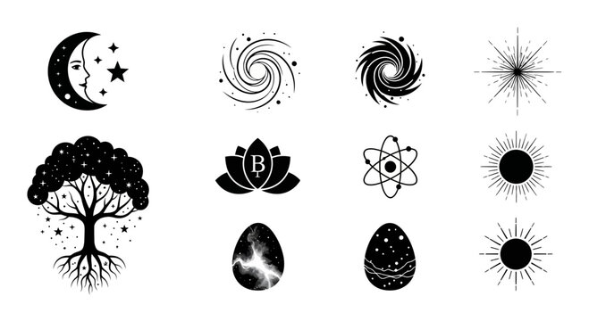 Mystical celestial icons and esoteric symbols for modern branding and spiritual design projects