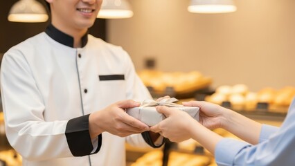 Asian man baker hands a wrapped gift to woman client. Customer service and appreciation in small business concept for holiday promotion.