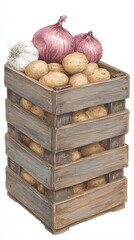 Discover the Essence of Fresh Ingredients with a Rustic Wooden Crate Filled with Potatoes, Onions, and Garlic Perfect for Cooking and Culinary Adventures