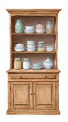 Elegant Wooden Kitchen Shelf Displaying Assorted Dishes and Jars with a Touch of Vintage Charm and Modern Aesthetics for Your Culinary Space