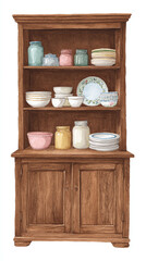 Charming Wooden Kitchen Shelf Displaying a Delightful Collection of Vintage Dishes, Jars, and Bowls - A Cozy Addition to Your Home Cooking Experience