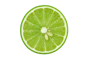 Extreme macro shot of a perfect emerald green lime fruit, precisely sliced vertically, revealing glistening juice vesicles and visible seeds on a stark white background, concept for healthy eating