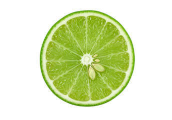 Extreme macro shot of a perfect emerald green lime fruit, precisely sliced vertically, revealing glistening juice vesicles and visible seeds on a stark white background, concept for healthy eating