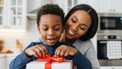 Woman and kid open gift together. Mother and son celebrating happy birthday or Christmas holiday. Family bond.