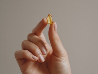 Ultra-realistic close-up of a womans hand holding a glossy golden pill between her thumb and index finger