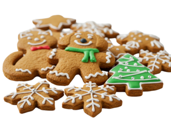 Ultra detailed macro of handcrafted gingerbread cookies: cat, dog, tree, and snowflakes, with royal icing detail, low angle, isolated on a white background. Concept of christmas culinary artistry