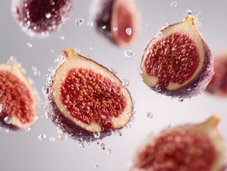 Fresh clean figs floating in air, together with small transparent water droplets