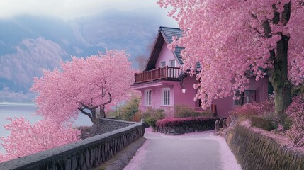 Charming pink house surrounded by blooming cherry trees in spring garden with serene mountain view
