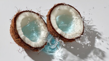 Two coconut halves and coconut water spilled on a white background.