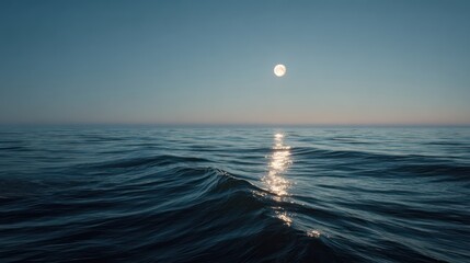 A quiet coastal horizon under soft moonlight, minimal waves, cinematic stillness