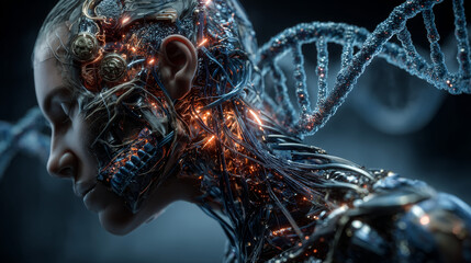 3D human and DNA model interconnection, post human concept, gene editing and human augmentation, bio hacking concept 
 3d rendering