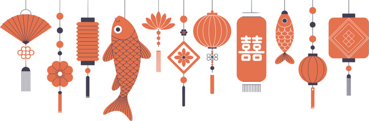 Chinese New Year hanging decorations, lanterns, fish symbols, floral ornaments, festival charms, lucky motifs, traditional celebration elements, flat illustration design